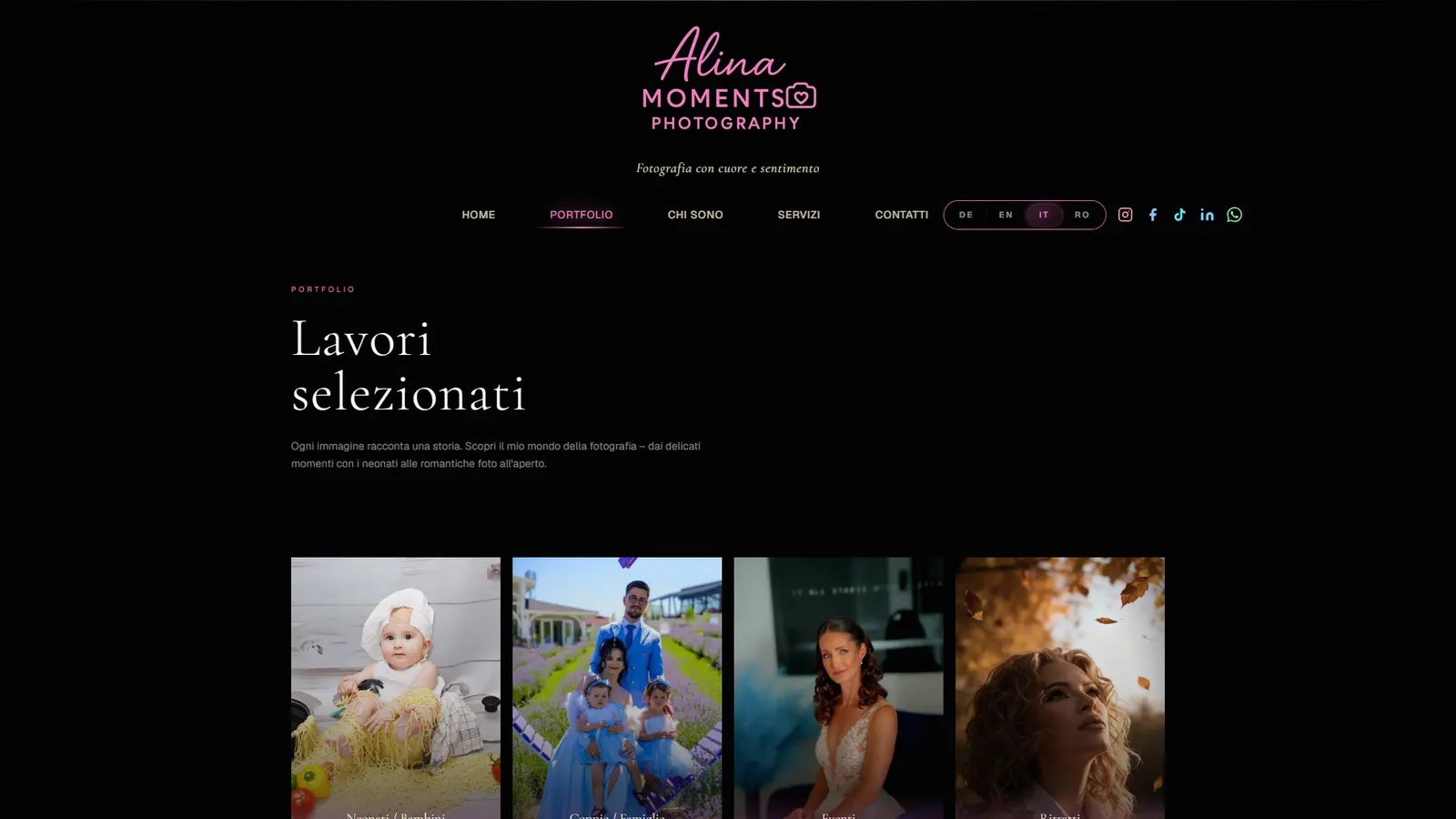 Portfolio page with the first works in the grid