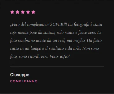 Testimonial section on the homepage featuring Giuseppe's real review