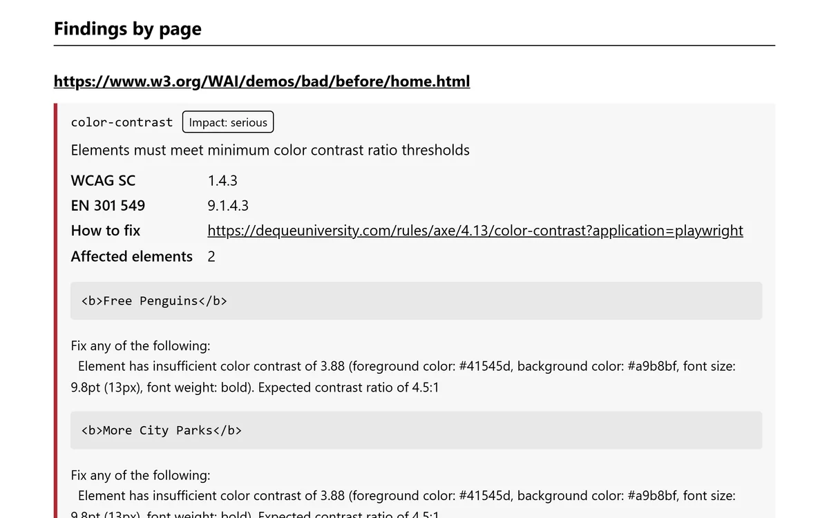 A single finding in detail: rule, impact, WCAG SC, EN 301 549 clause, a how-to-fix link, and the affected elements