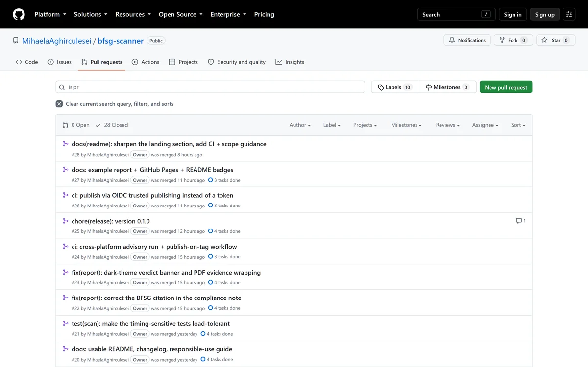 The repository's pull requests on GitHub — each merged with its own task checklist